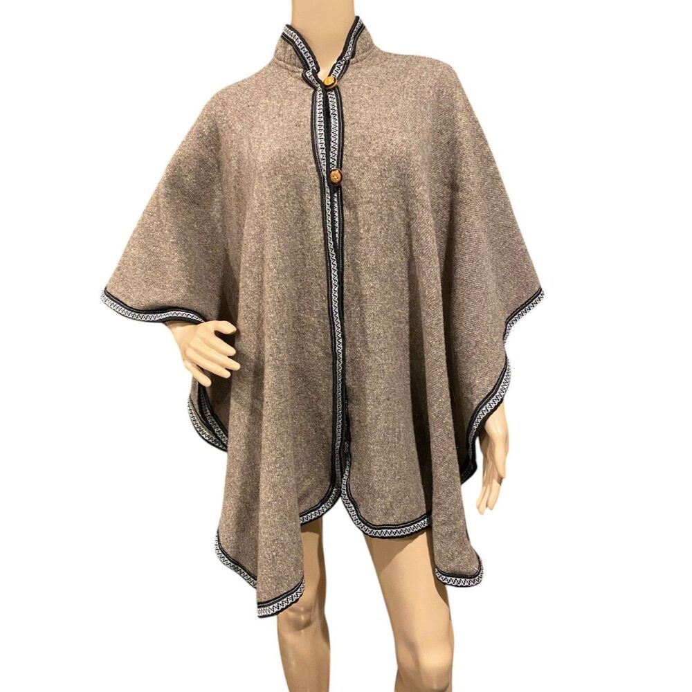 100% Wool Poncho Cape BROWN Button Up OSFM